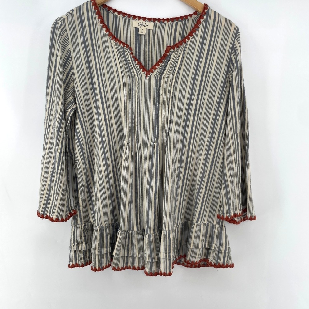 Style & Co Tunic Top S Striped Coastal Boho Peasant Tiered‎ Ruffle Hem Peplum